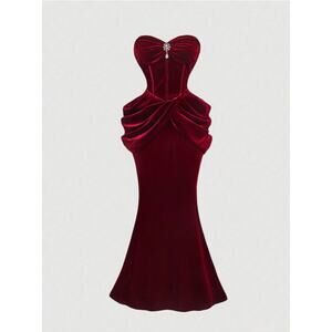 Women Red Velvet Strapless Midi Dress Ruched Corset Bodycon Evening Party S